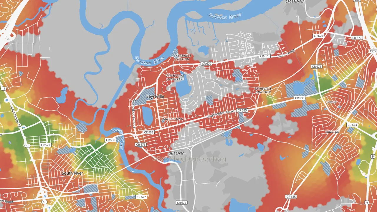 Walk Grade map of Townelake, Sayreville, NJ, walkable areas in green and car-dependent areas in red
