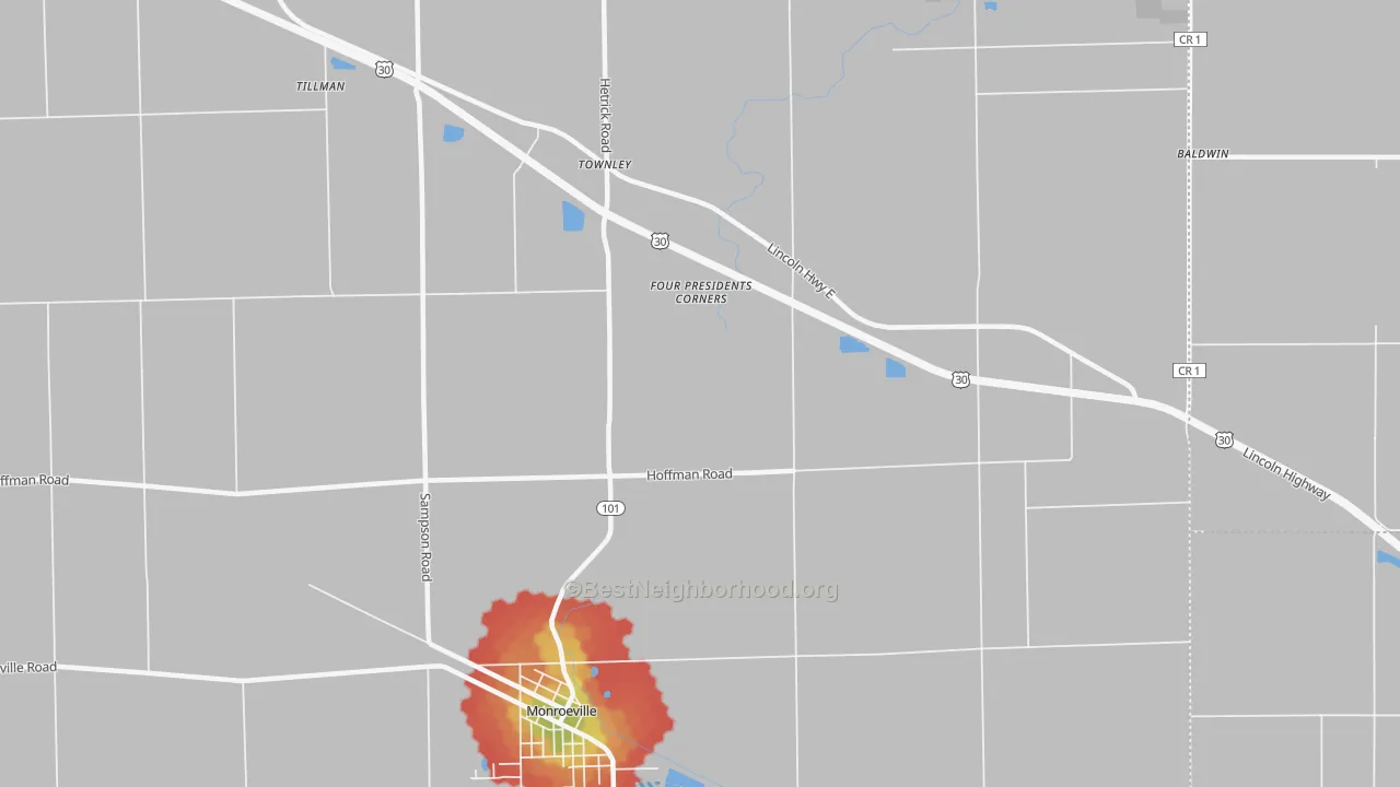Walk Grade map of Townley, IN, walkable areas in green and car-dependent areas in red