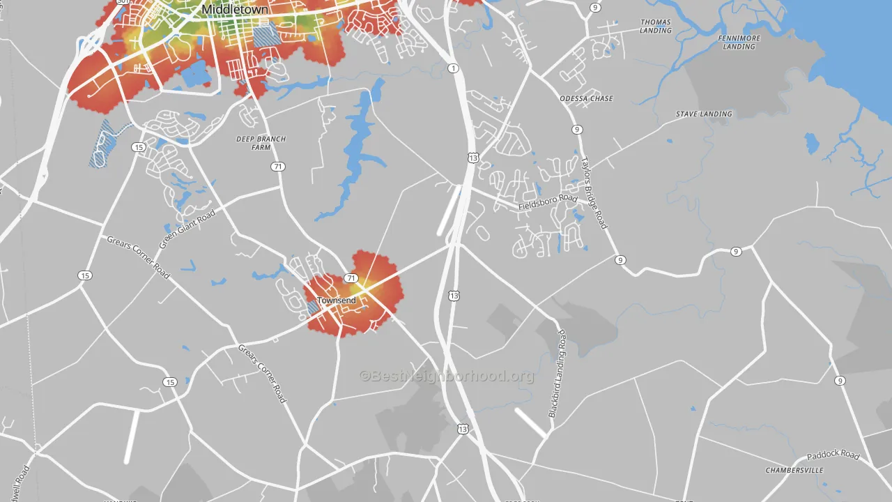 Walk Grade map of Townsend, DE, walkable areas in green and car-dependent areas in red