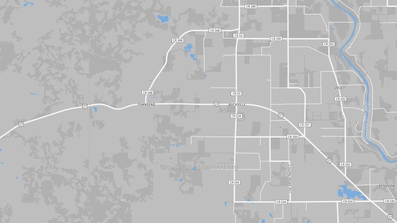 Walk Grade map of Townsend, FL, walkable areas in green and car-dependent areas in red