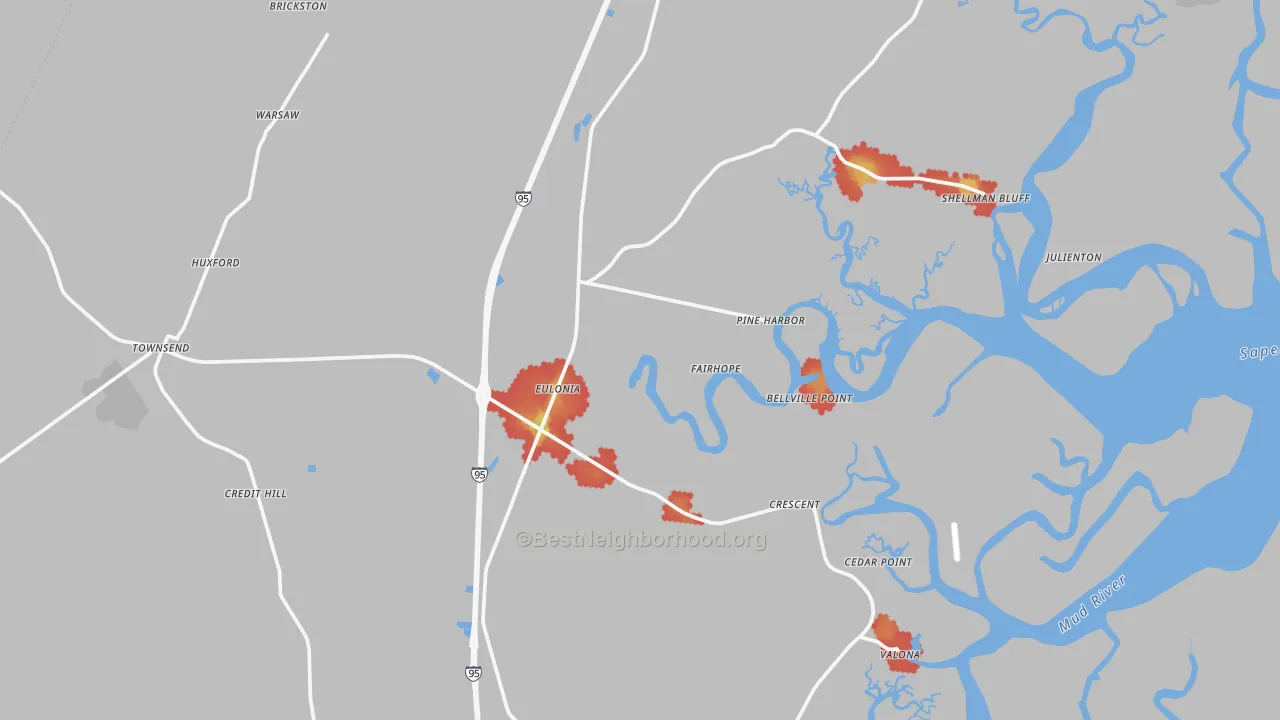 Walk Grade map of Townsend, GA, walkable areas in green and car-dependent areas in red