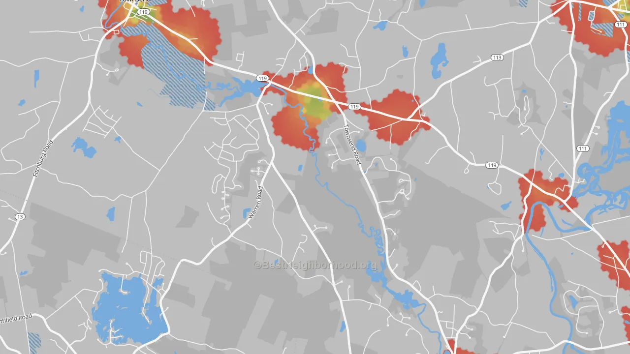 Walk Grade map of Townsend Harbor, MA, walkable areas in green and car-dependent areas in red