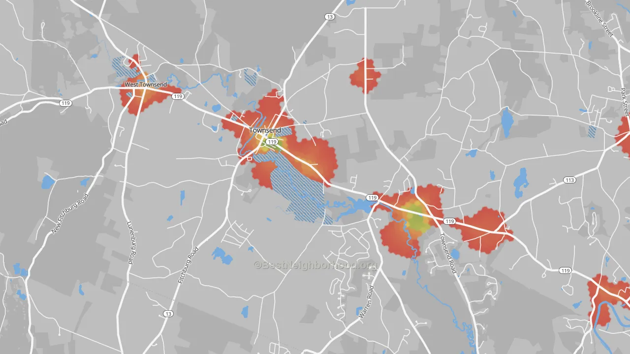 Walk Grade map of Townsend, MA, walkable areas in green and car-dependent areas in red