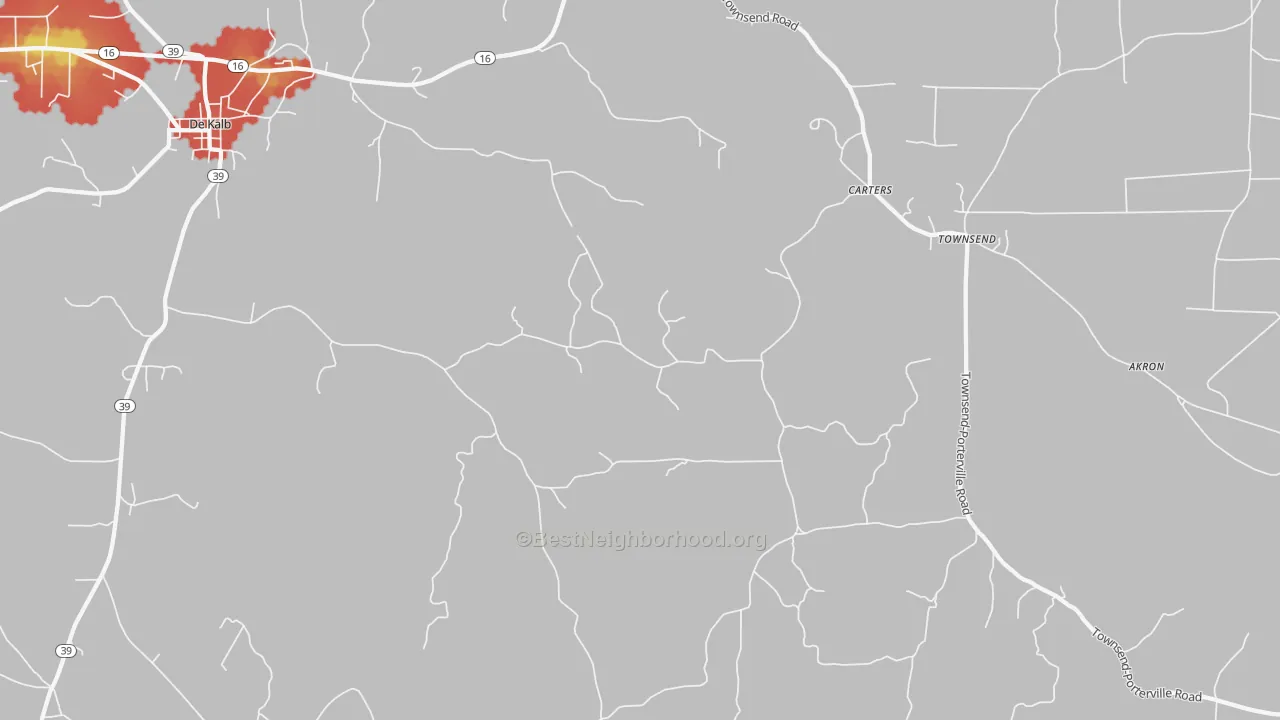 Walk Grade map of Townsend, MS, walkable areas in green and car-dependent areas in red