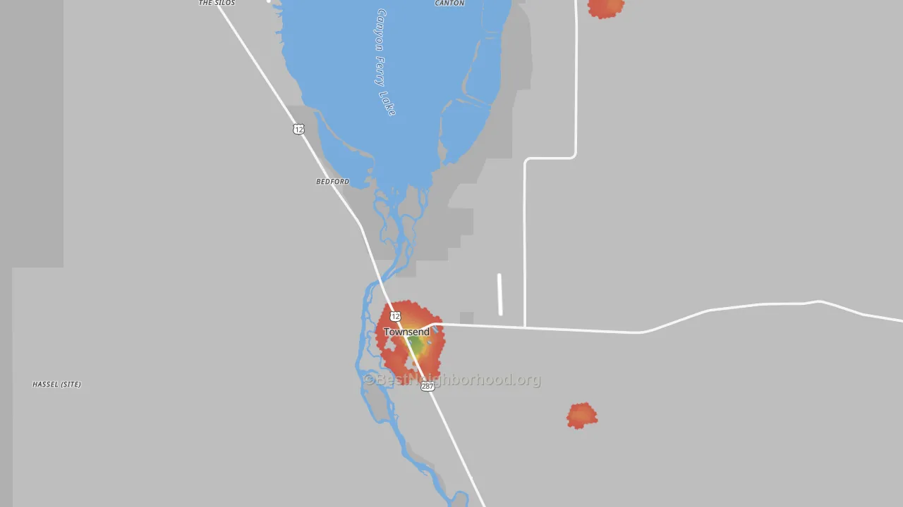 Walk Grade map of Townsend, MT, walkable areas in green and car-dependent areas in red