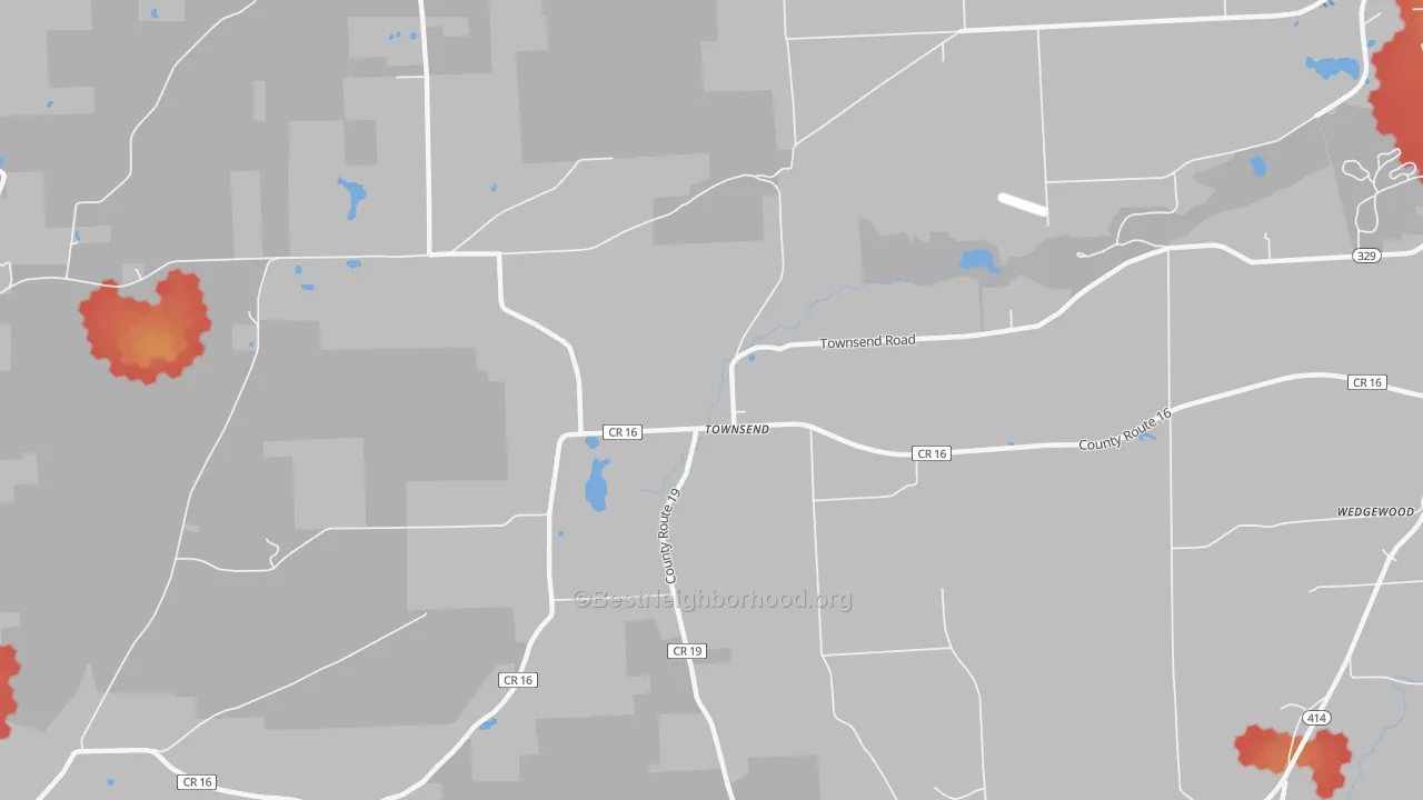 Walk Grade map of Townsend, NY, walkable areas in green and car-dependent areas in red