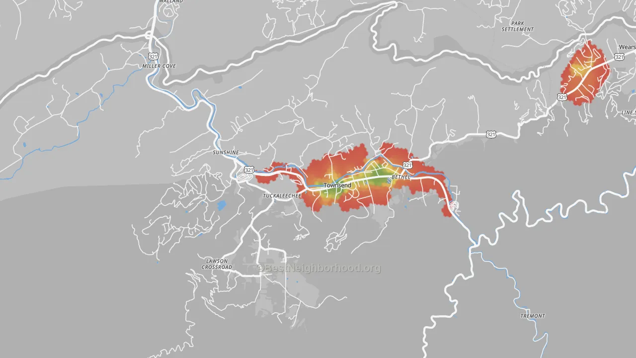 Walk Grade map of Townsend, TN, walkable areas in green and car-dependent areas in red