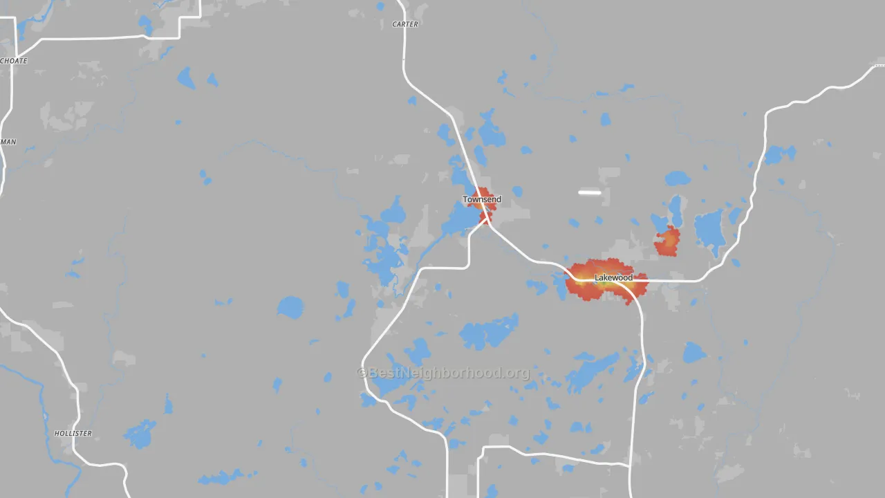 Walk Grade map of Townsend, WI, walkable areas in green and car-dependent areas in red