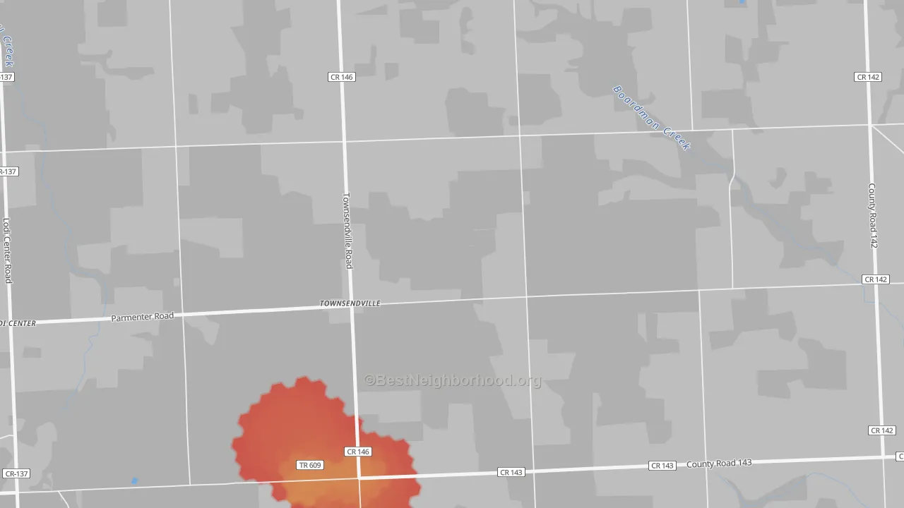 Walk Grade map of Townsendville, NY, walkable areas in green and car-dependent areas in red