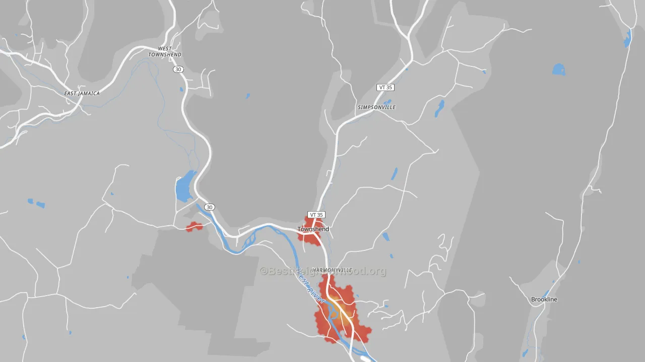 Walk Grade map of Townshend, VT, walkable areas in green and car-dependent areas in red