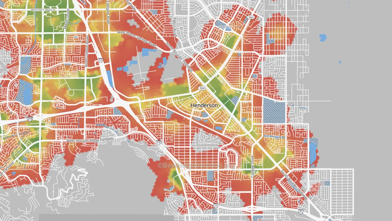 Walk Grade map of Townsite, Henderson, NV, walkable areas in green and car-dependent areas in red