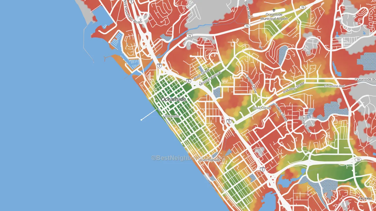 Walk Grade map of Townsite, Oceanside, CA, walkable areas in green and car-dependent areas in red