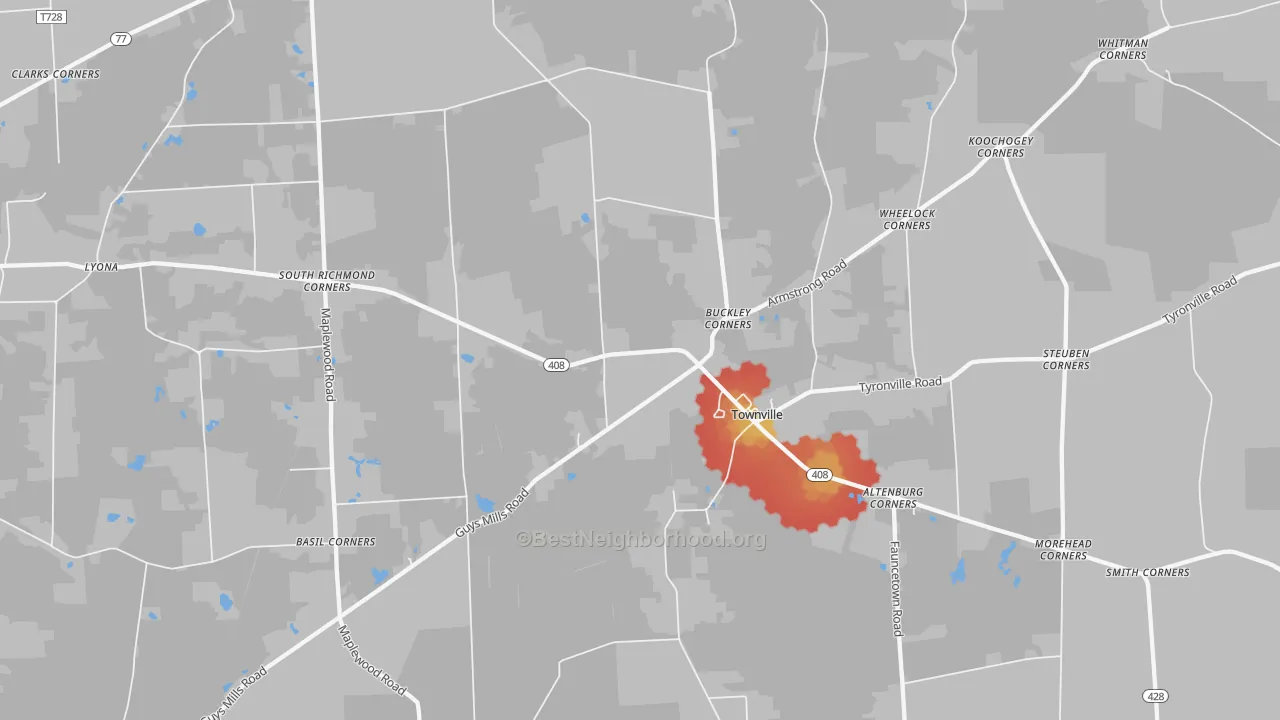 Walk Grade map of Townville, PA, walkable areas in green and car-dependent areas in red