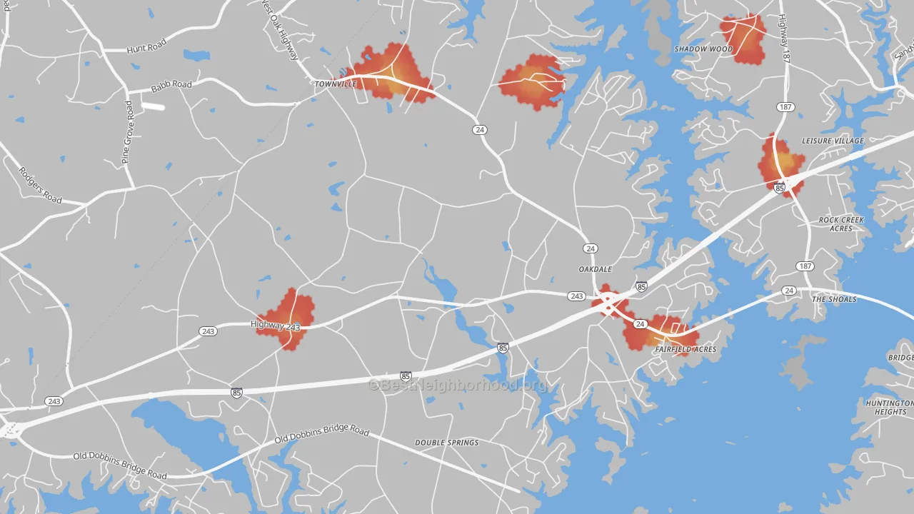Walk Grade map of Townville, SC, walkable areas in green and car-dependent areas in red