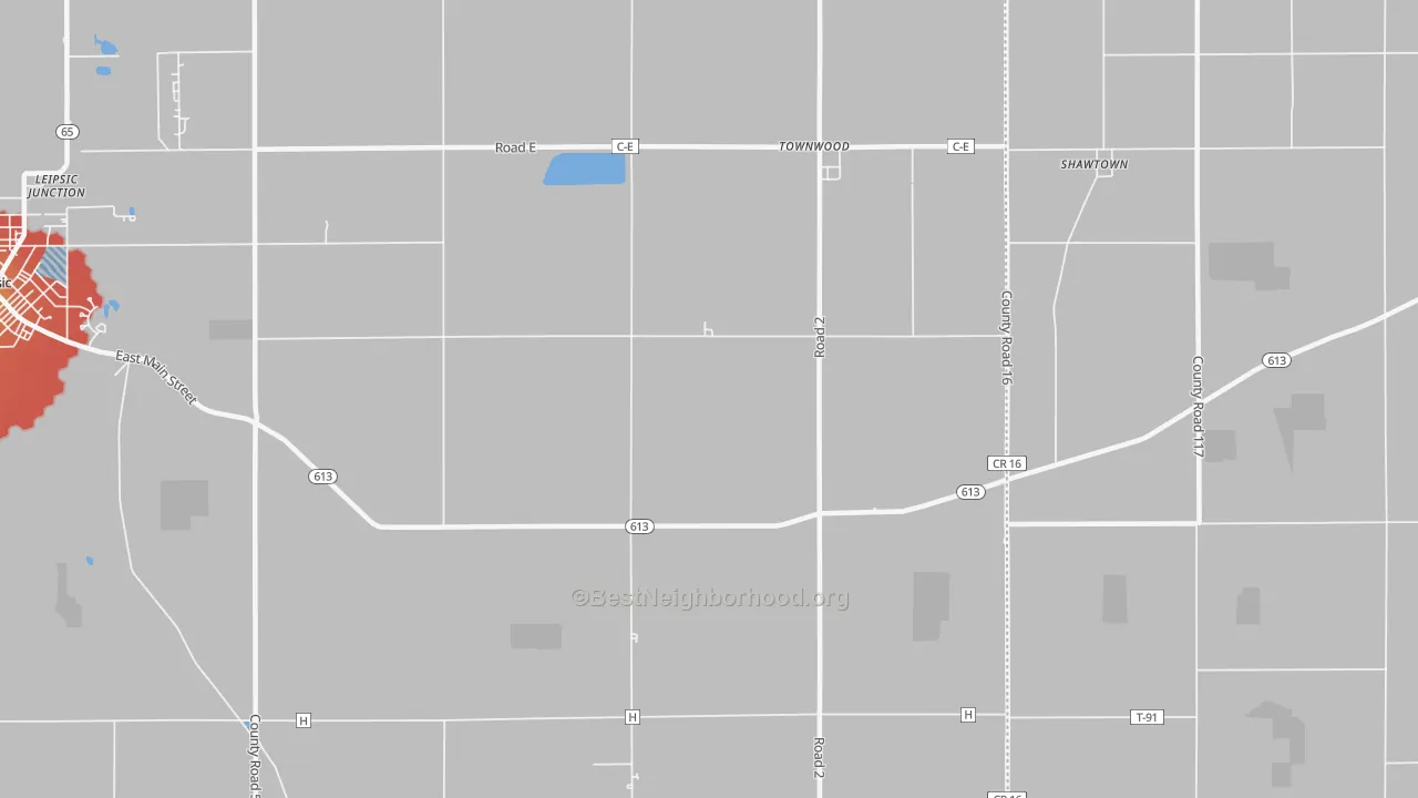 Walk Grade map of Townwood, OH, walkable areas in green and car-dependent areas in red