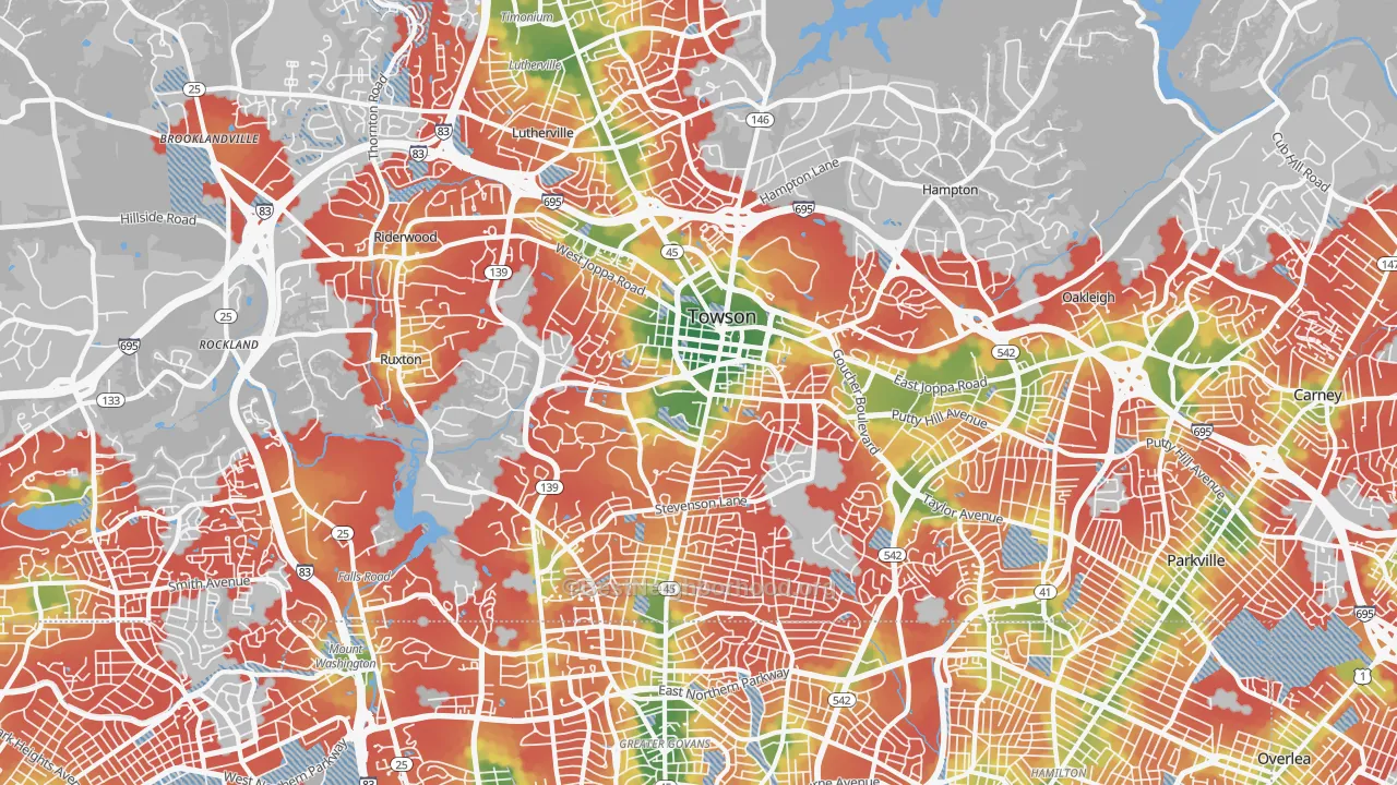 Walk Grade map of Towson, MD, walkable areas in green and car-dependent areas in red