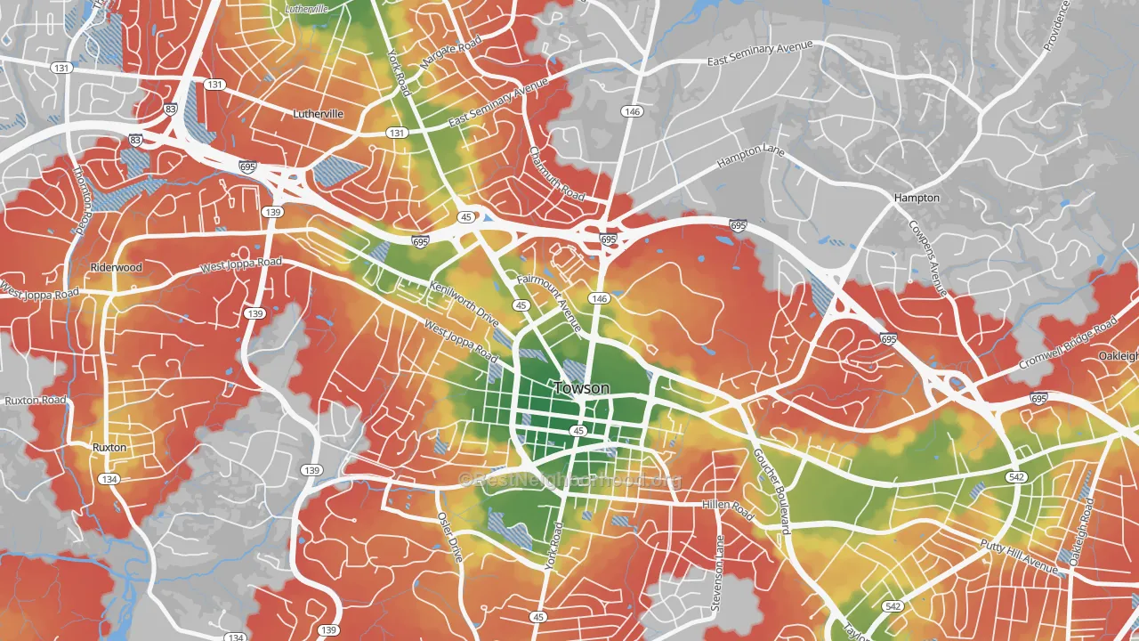 Walk Grade map of Towson Park, Towson, MD, walkable areas in green and car-dependent areas in red