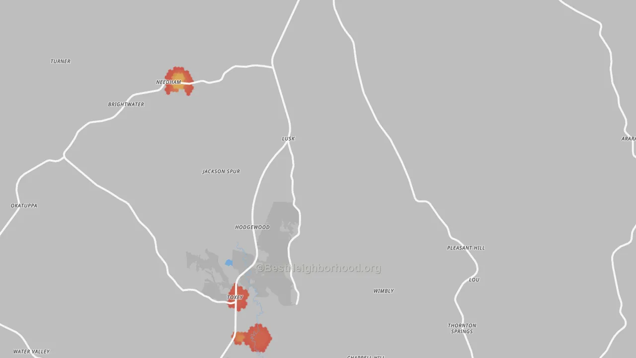 Walk Grade map of Toxey, AL, walkable areas in green and car-dependent areas in red