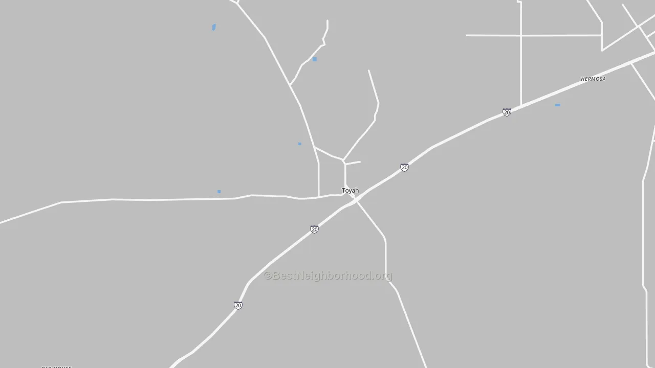 Walk Grade map of Toyah, TX, walkable areas in green and car-dependent areas in red