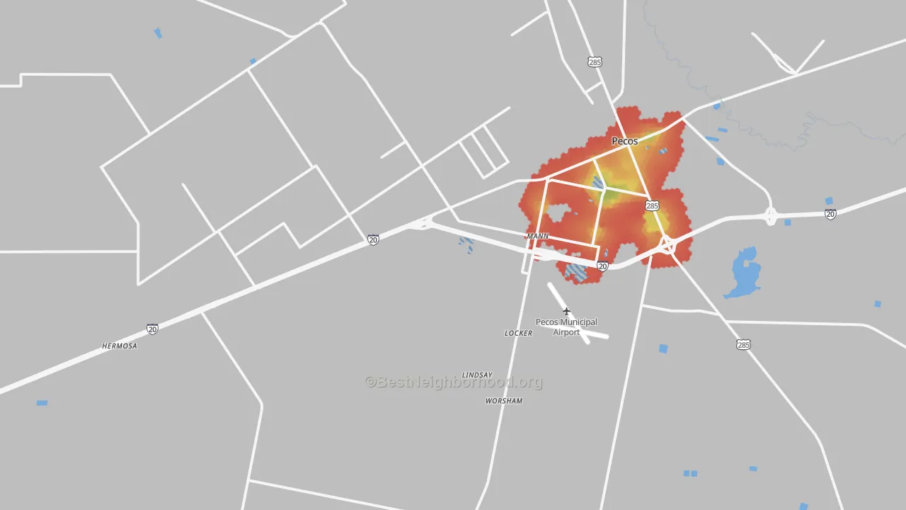 Walk Grade map of Toyahvale, TX, walkable areas in green and car-dependent areas in red
