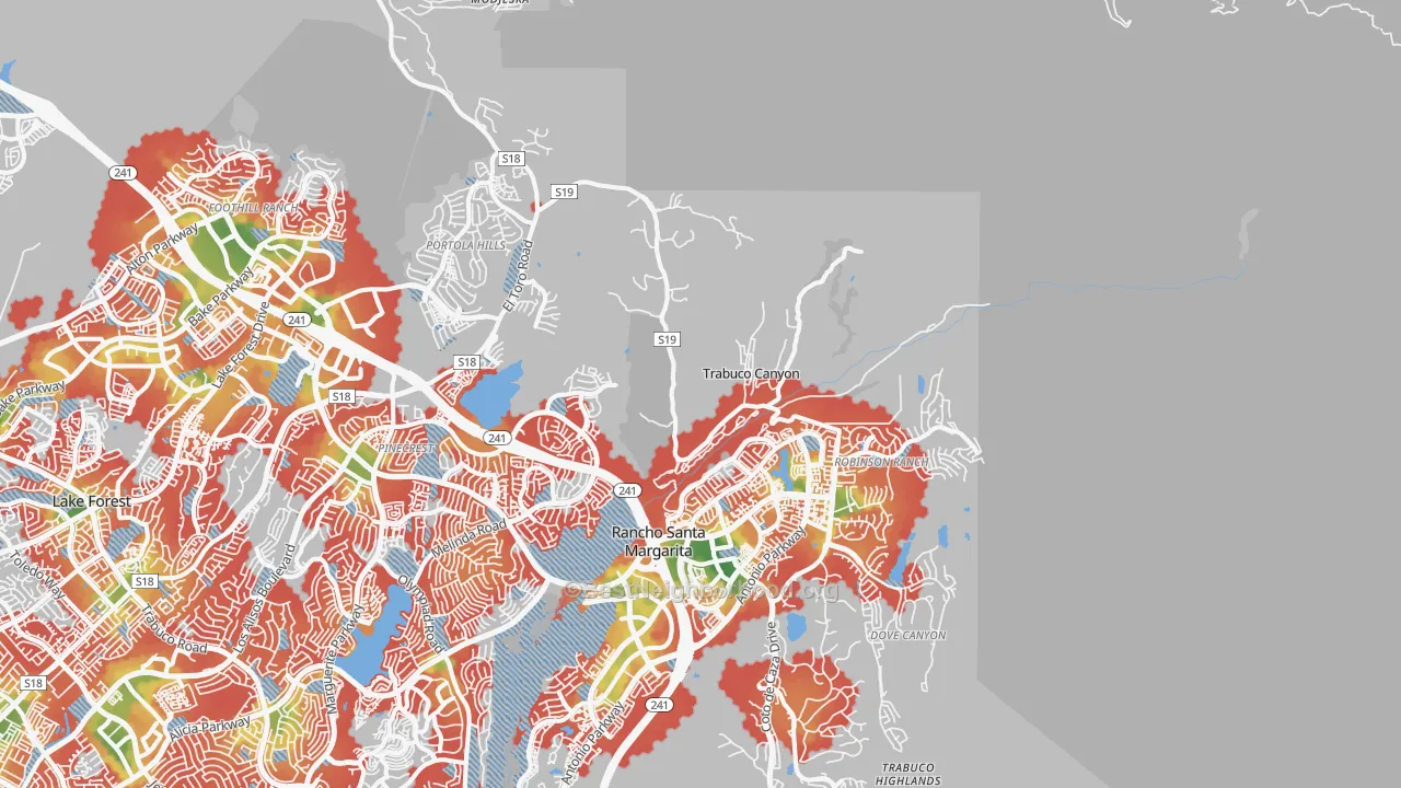 Walk Grade map of Trabuco Canyon, CA, walkable areas in green and car-dependent areas in red
