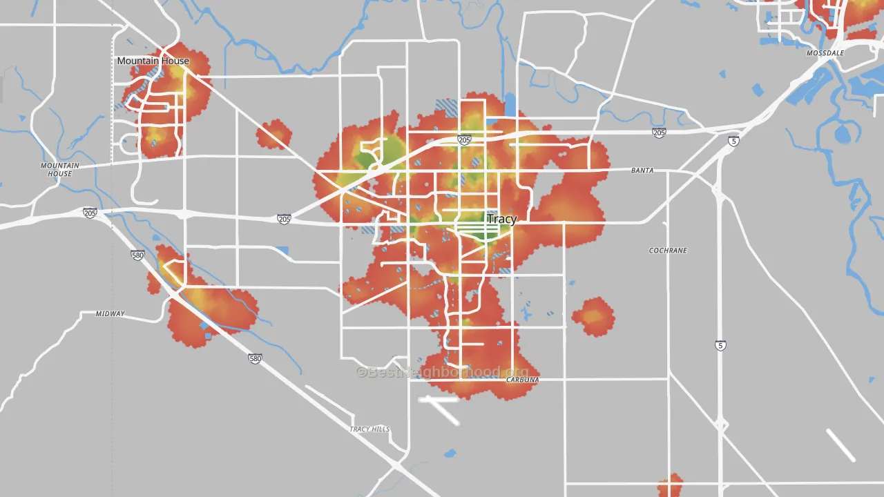 Walk Grade map of Tracy, CA, walkable areas in green and car-dependent areas in red