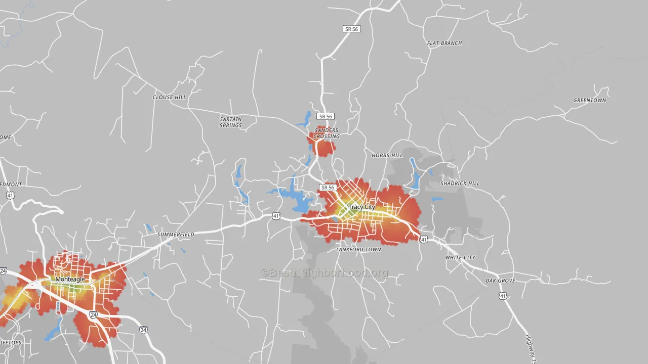 Walk Grade map of Tracy City, TN, walkable areas in green and car-dependent areas in red