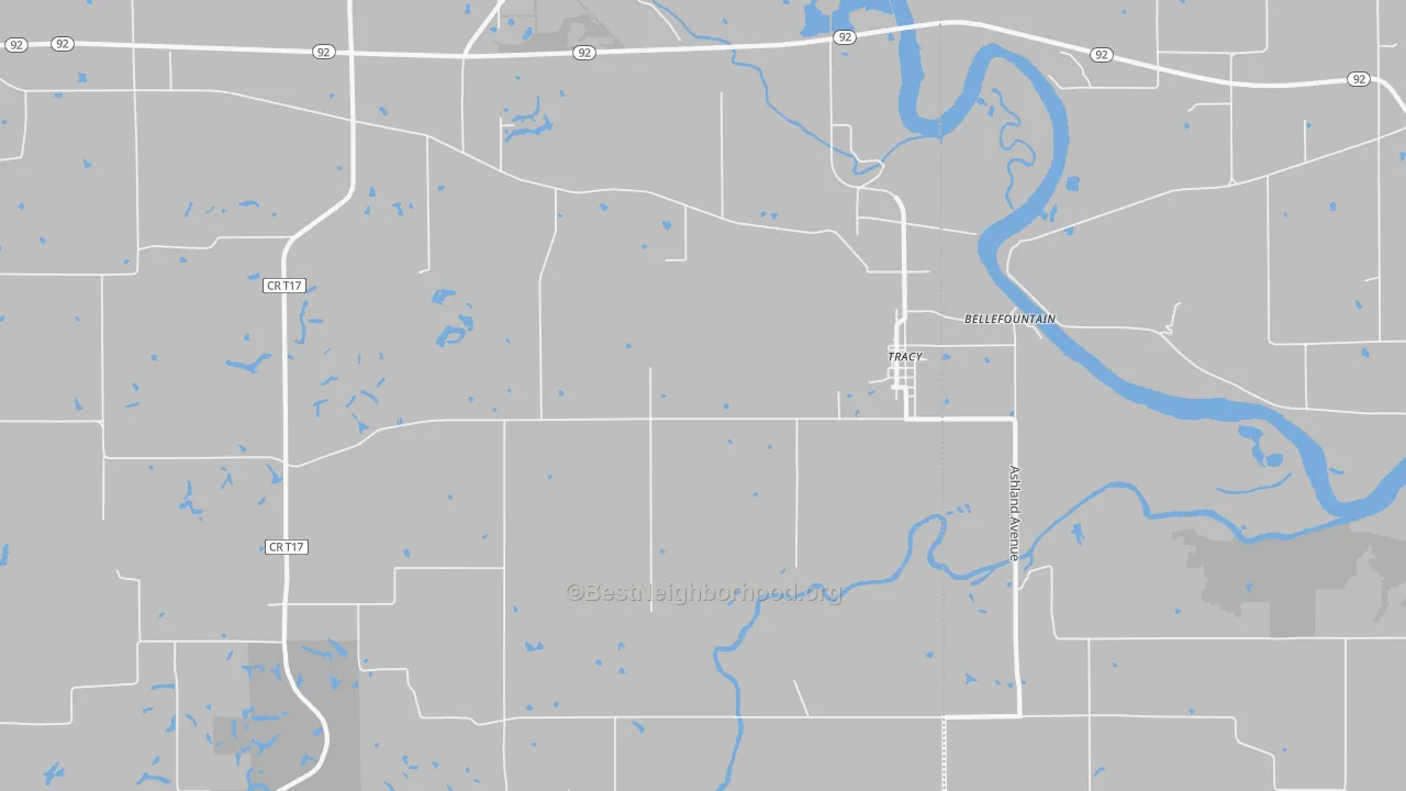 Walk Grade map of Tracy, IA, walkable areas in green and car-dependent areas in red
