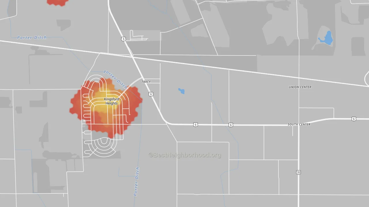 Walk Grade map of Tracy, IN, walkable areas in green and car-dependent areas in red