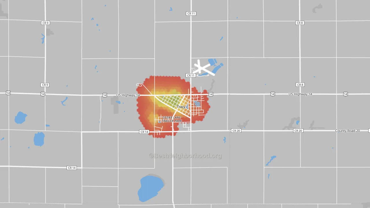 Walk Grade map of Tracy, MN, walkable areas in green and car-dependent areas in red