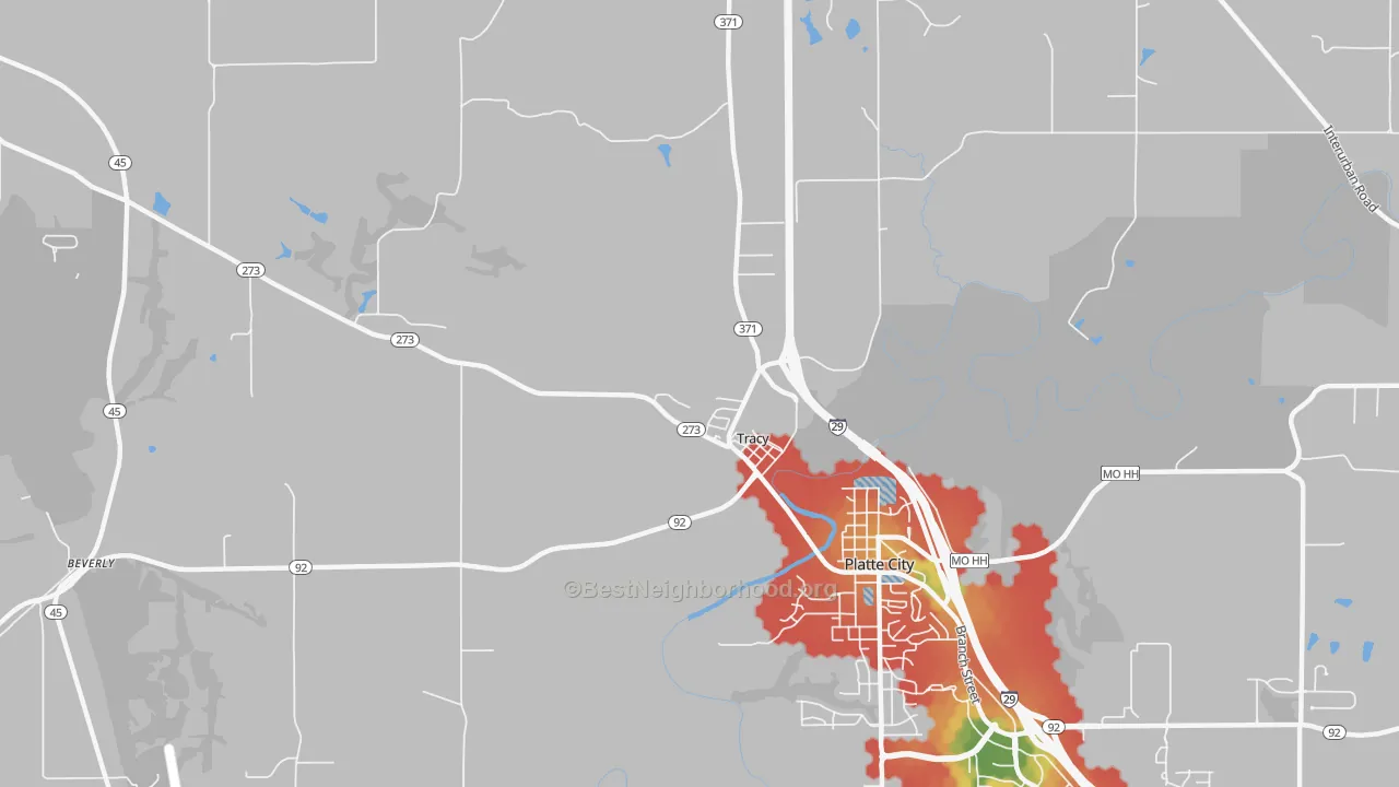 Walk Grade map of Tracy, MO, walkable areas in green and car-dependent areas in red