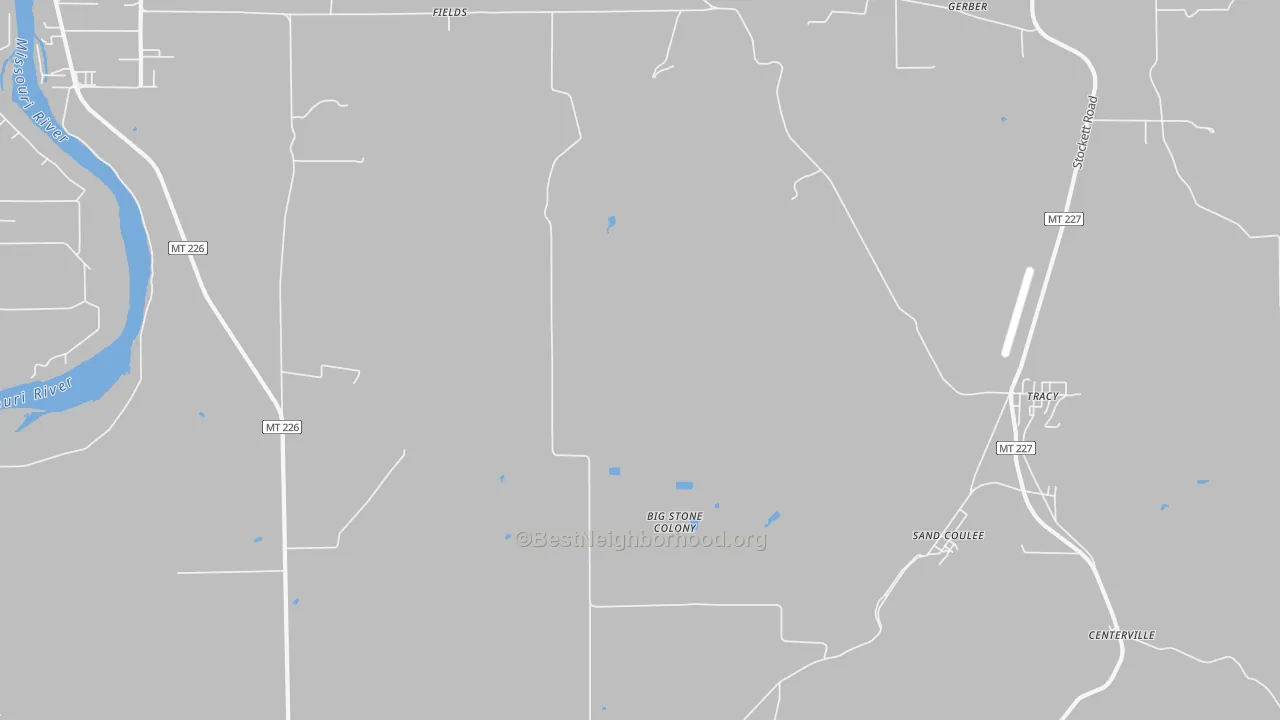 Walk Grade map of Tracy, MT, walkable areas in green and car-dependent areas in red