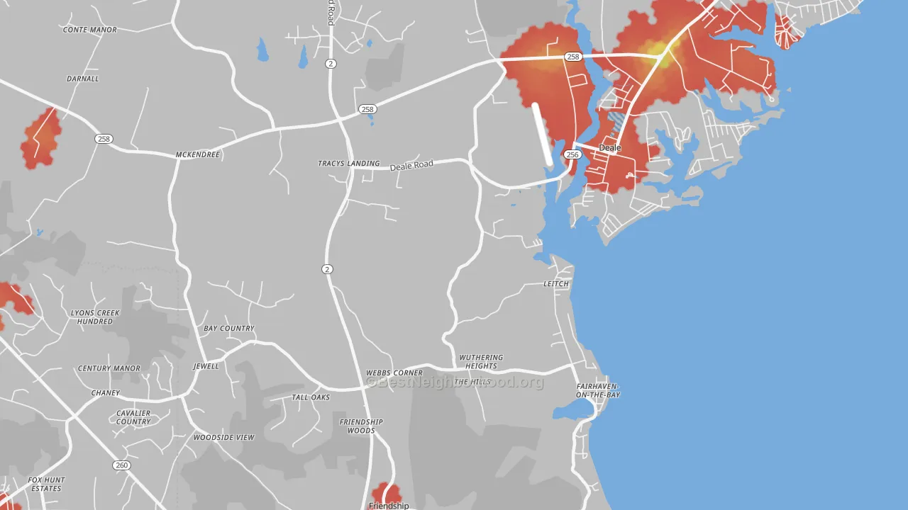 Walk Grade map of Tracys Landing, MD, walkable areas in green and car-dependent areas in red