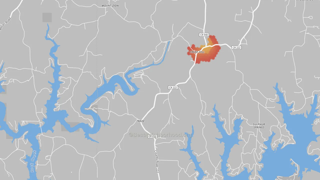 Walk Grade map of Trade, AL, walkable areas in green and car-dependent areas in red