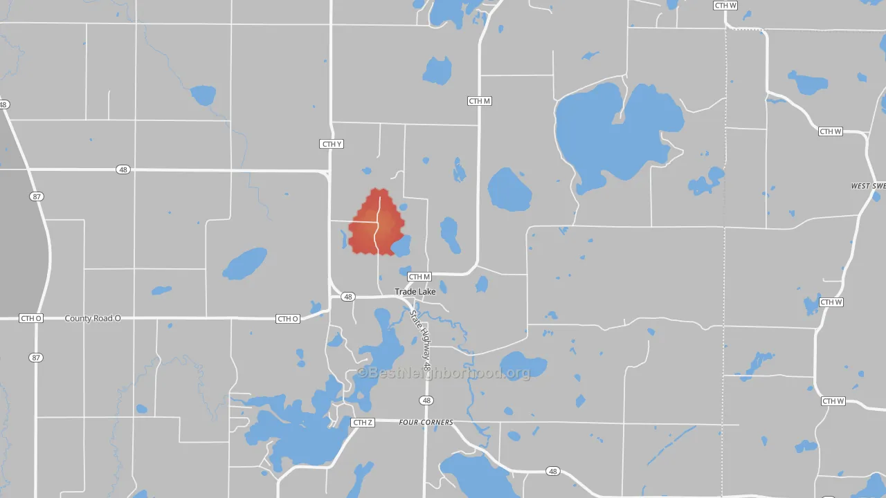 Walk Grade map of Trade Lake, WI, walkable areas in green and car-dependent areas in red