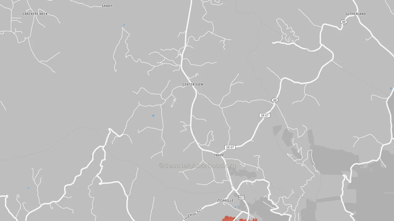 Walk Grade map of Trade, TN, walkable areas in green and car-dependent areas in red