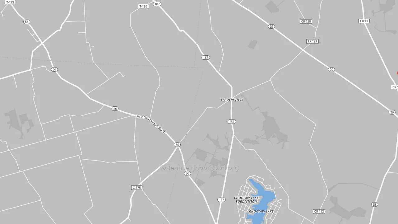 Walk Grade map of Tradersville, OH, walkable areas in green and car-dependent areas in red