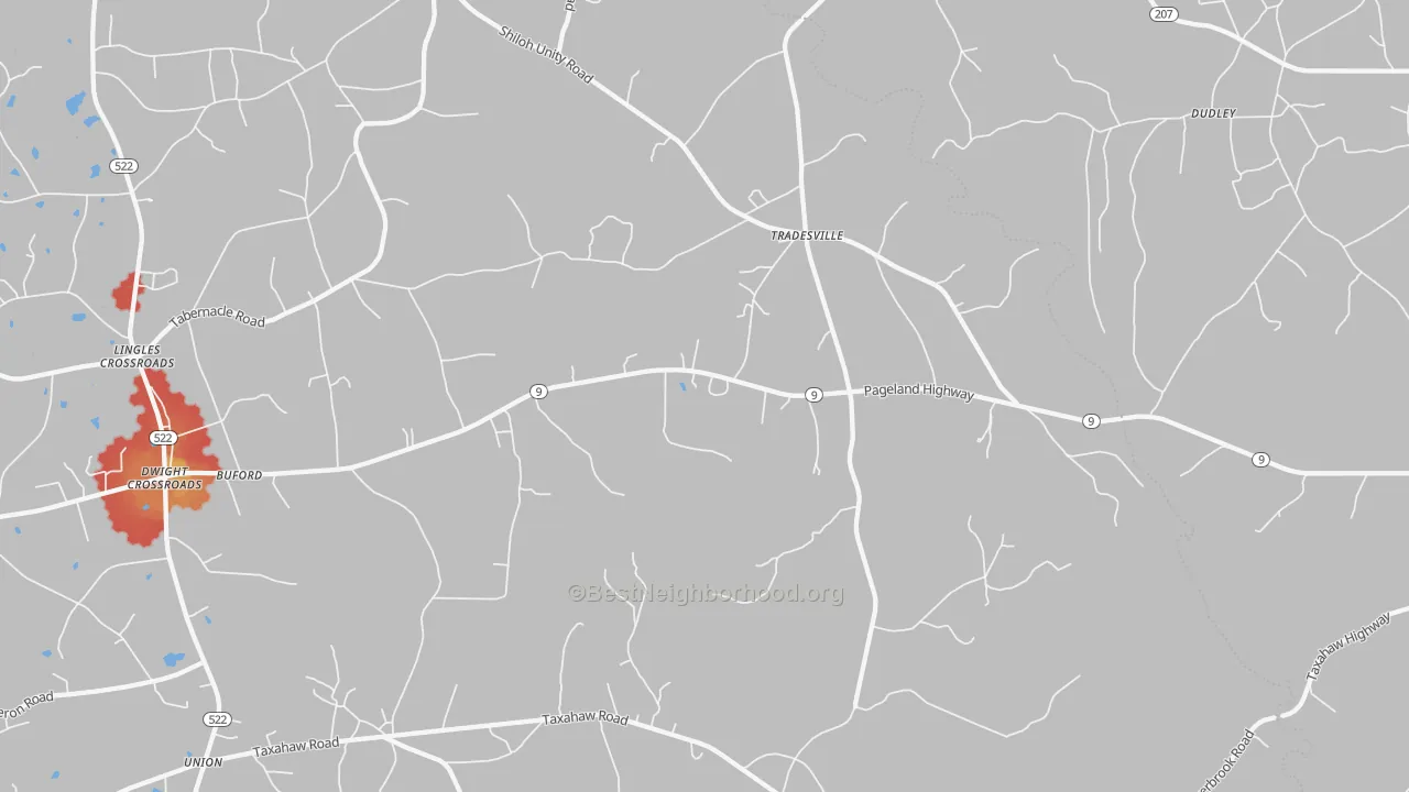 Walk Grade map of Tradesville, SC, walkable areas in green and car-dependent areas in red