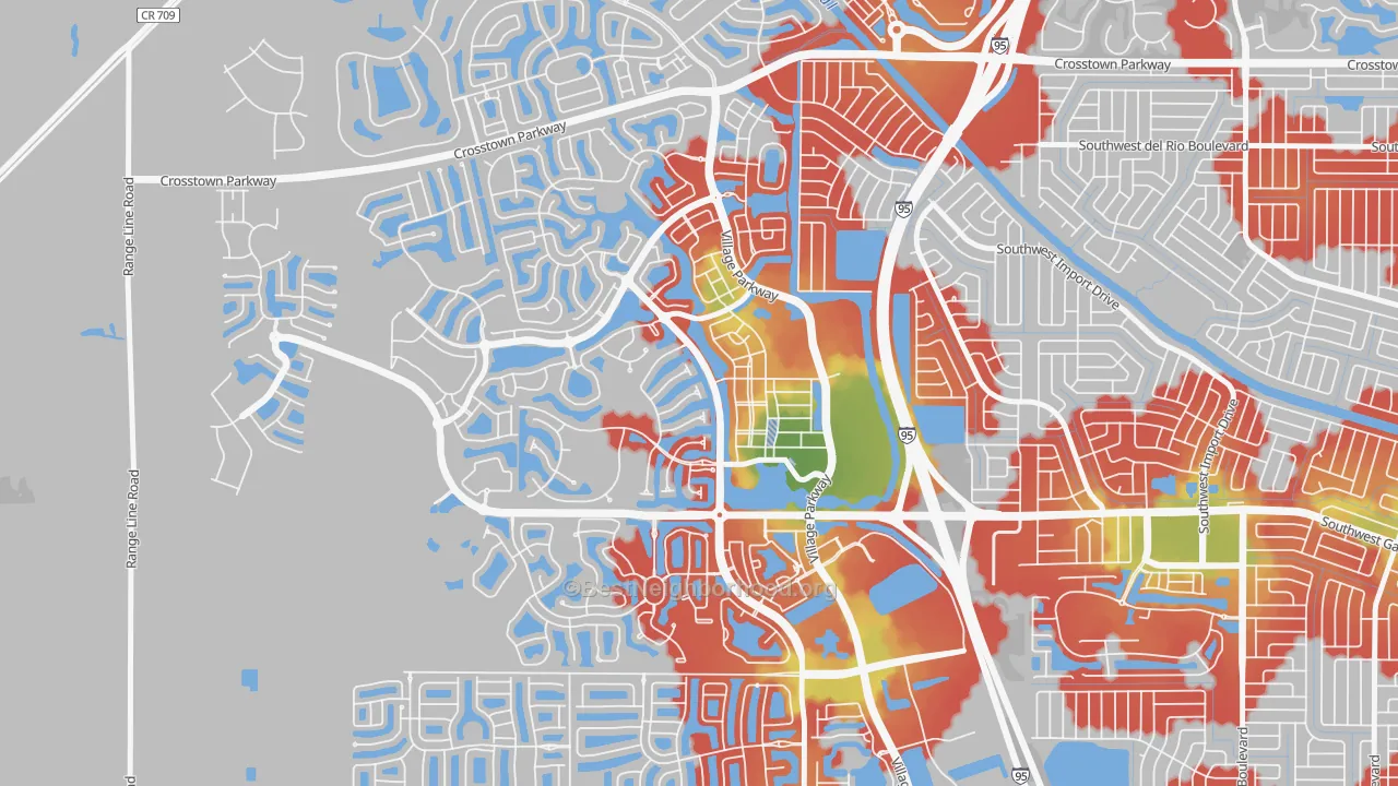 Walk Grade map of Tradition, Port St. Lucie, FL, walkable areas in green and car-dependent areas in red