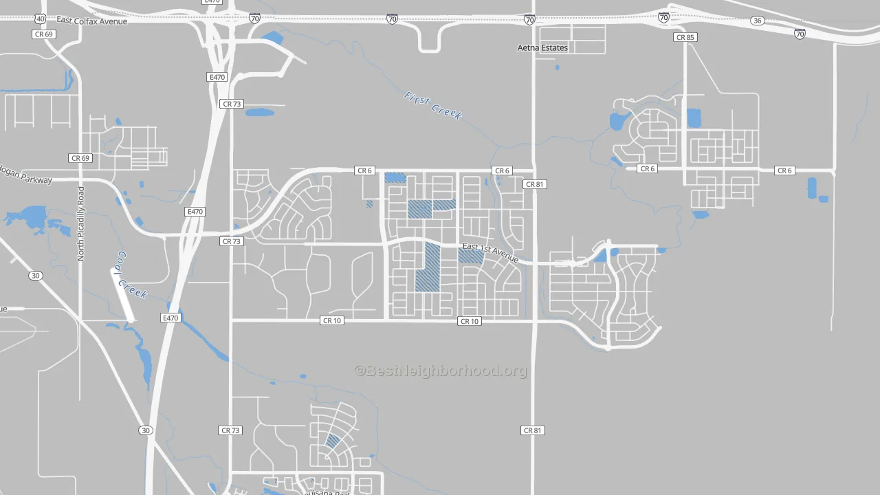 Walk Grade map of Traditions, Aurora, CO, walkable areas in green and car-dependent areas in red