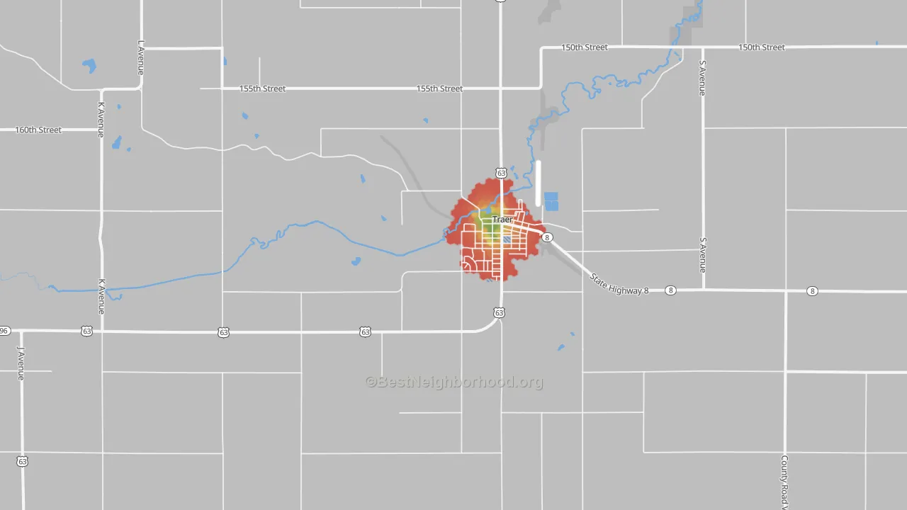 Walk Grade map of Traer, IA, walkable areas in green and car-dependent areas in red
