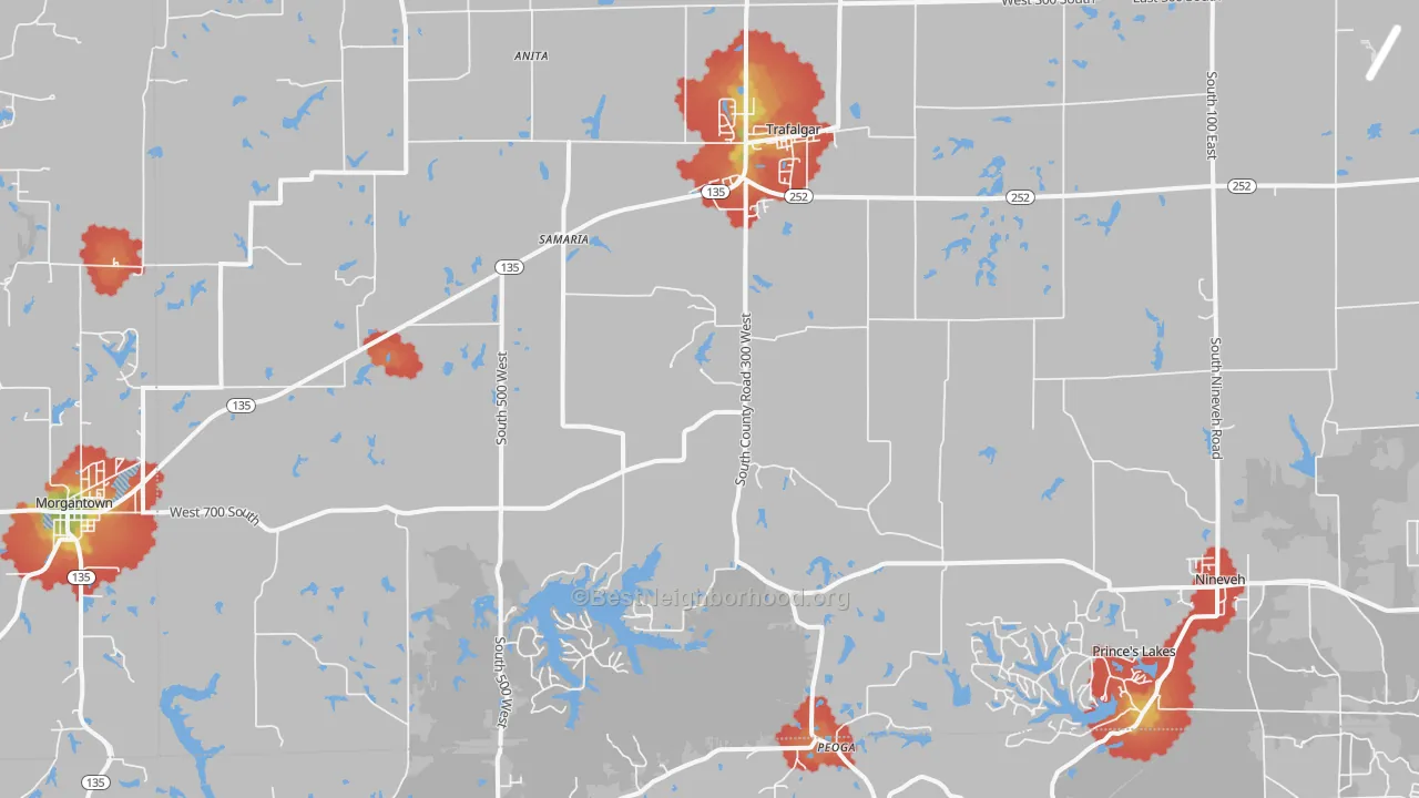 Walk Grade map of Trafalgar, IN, walkable areas in green and car-dependent areas in red