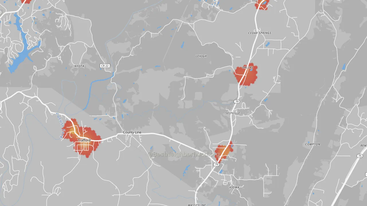 Walk Grade map of Trafford, AL, walkable areas in green and car-dependent areas in red