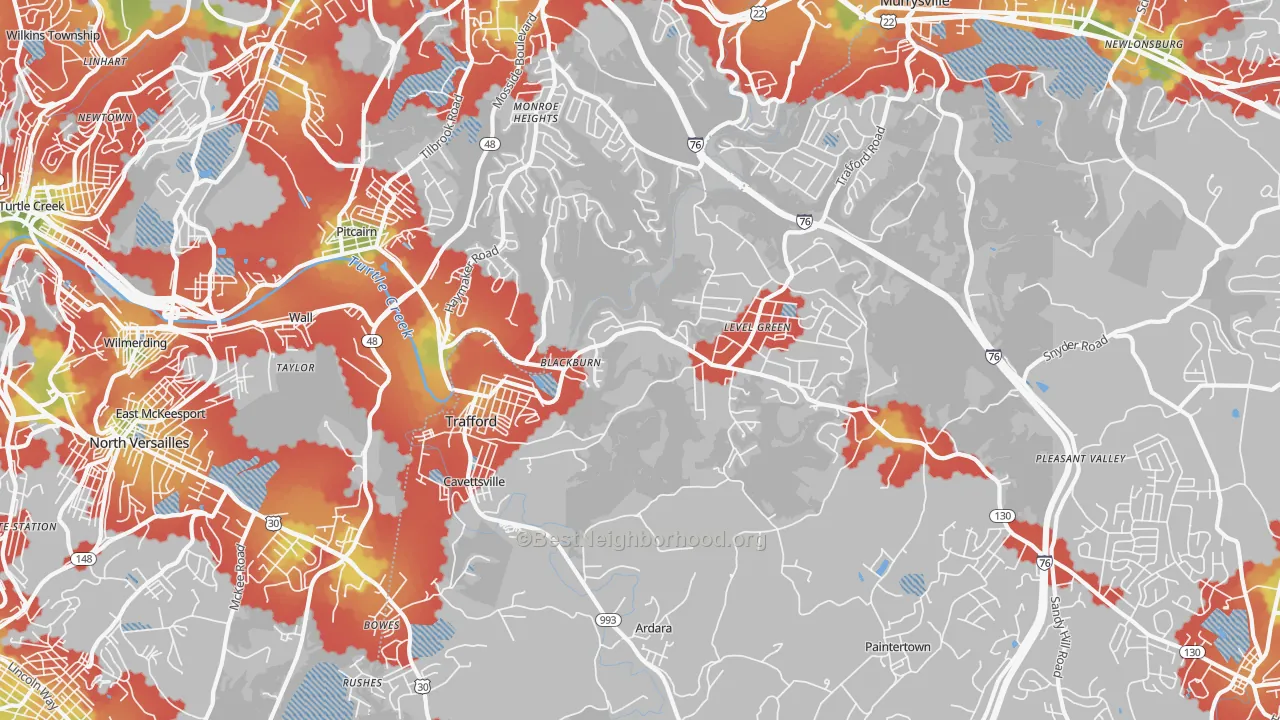 Walk Grade map of Trafford, PA, walkable areas in green and car-dependent areas in red