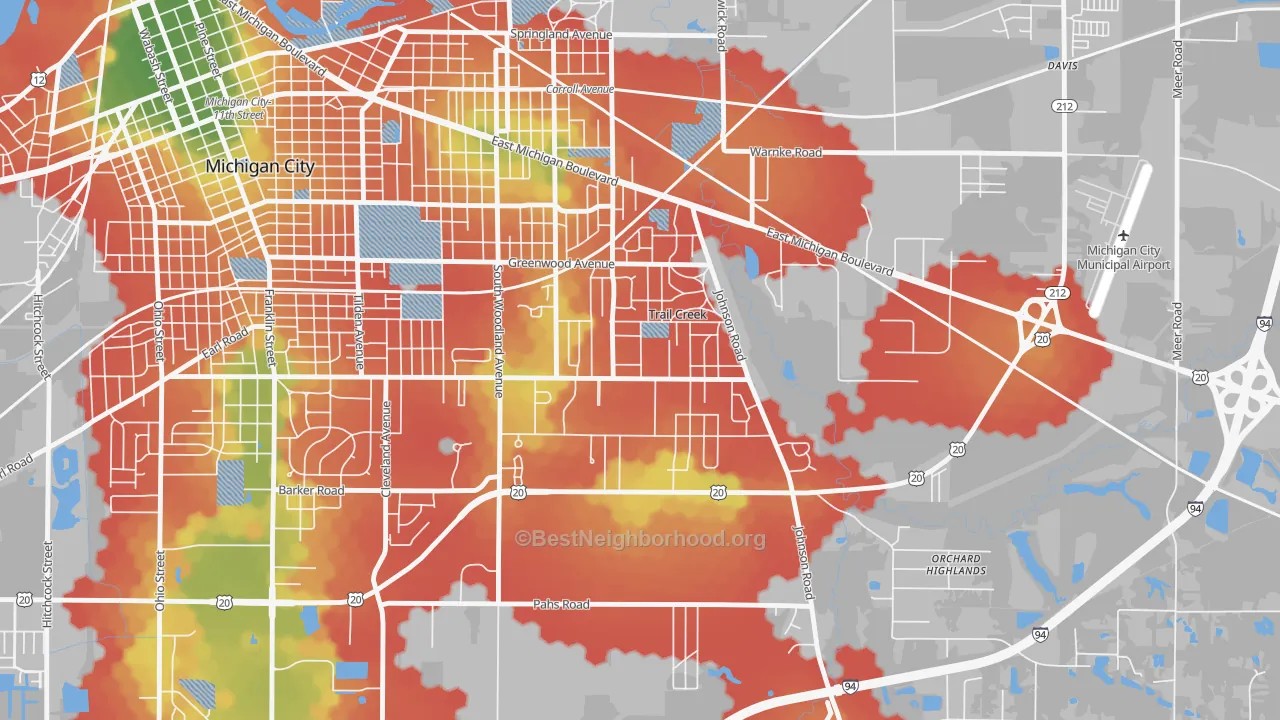Walk Grade map of Trail Creek, IN, walkable areas in green and car-dependent areas in red