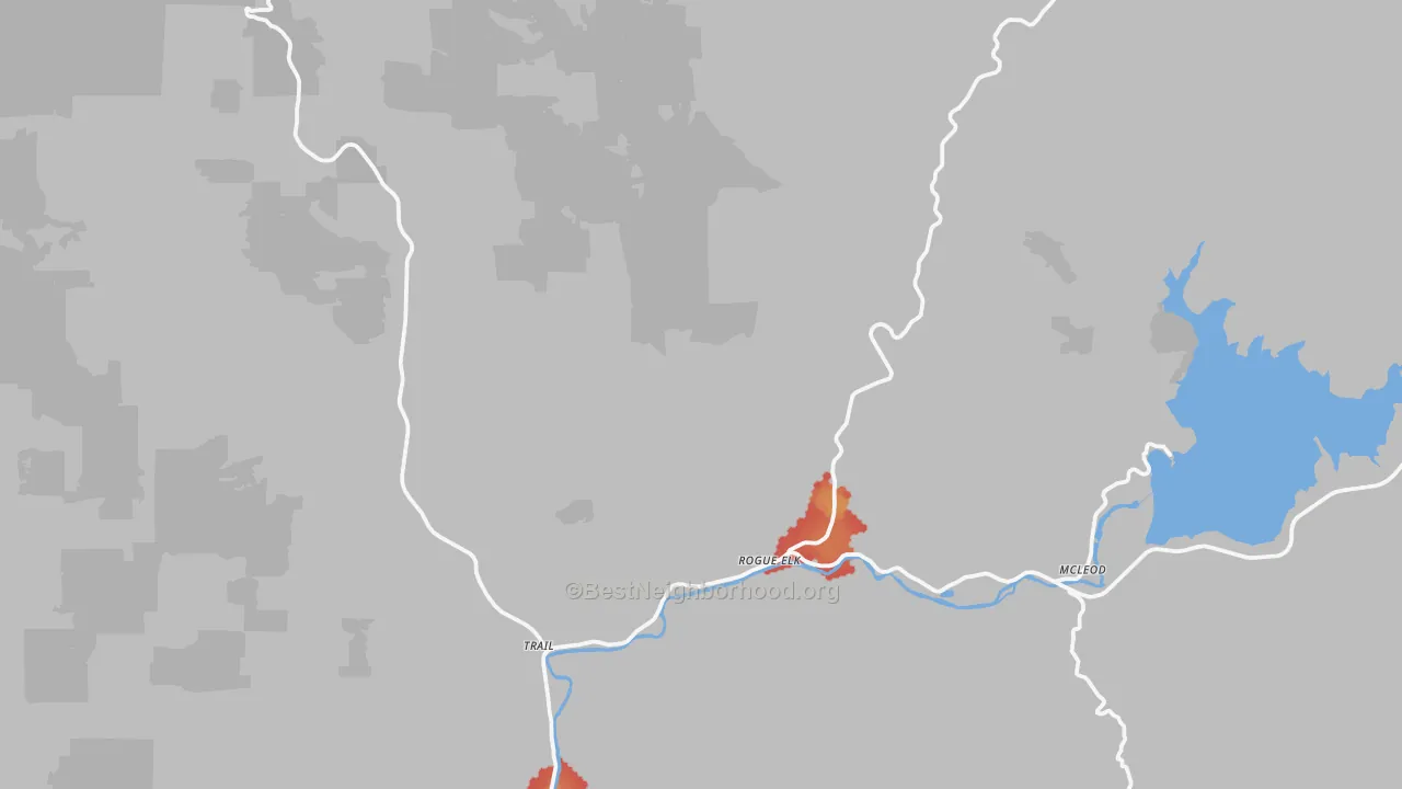 Walk Grade map of Trail, OR, walkable areas in green and car-dependent areas in red
