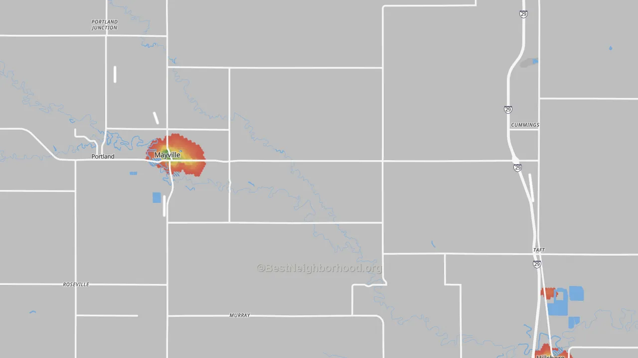 Walk Grade map of Traill County, ND, walkable areas in green and car-dependent areas in red