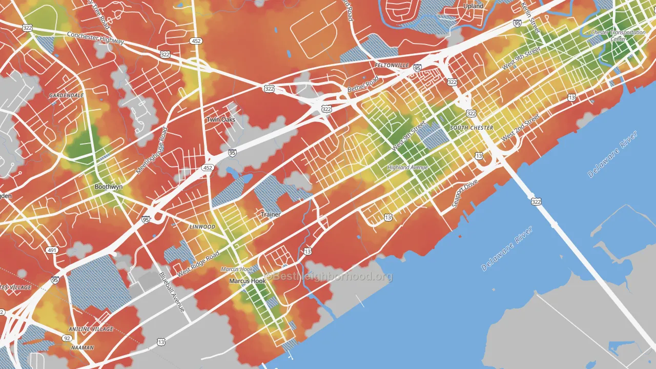Walk Grade map of Trainer, PA, walkable areas in green and car-dependent areas in red