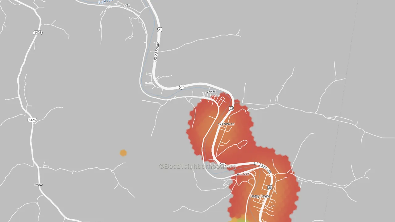 Walk Grade map of Tram, KY, walkable areas in green and car-dependent areas in red