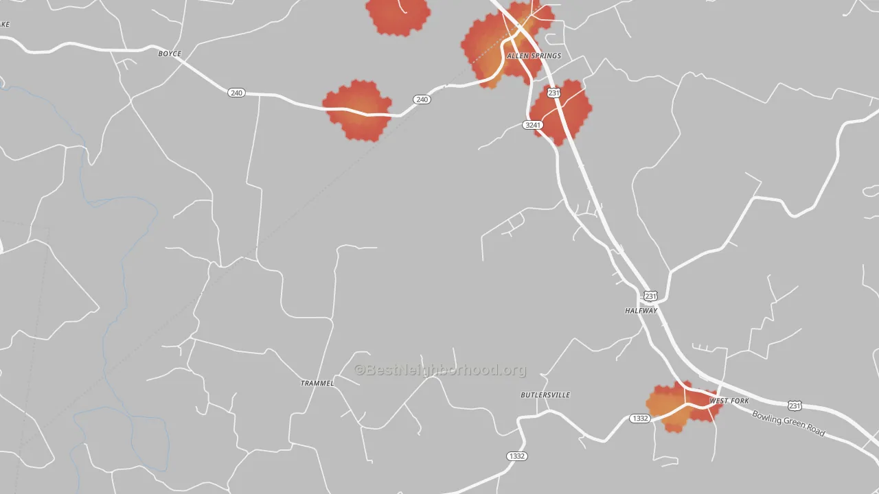 Walk Grade map of Trammel, KY, walkable areas in green and car-dependent areas in red